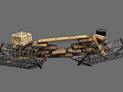 Military Defensive Weapons With Barbed Wire Sandbags And Wooden Crates Setup 3d model