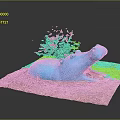 Blue Hippo Sculpture With Small Plant On Sandy Ground Decorative Artwork