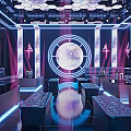 Modern KTV Lounge Interior With Neon Lights Geometric Decor Bar Counter And Seating Area