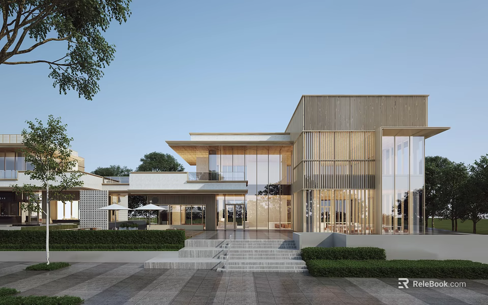 Modern Commercial Street Architecture Featuring Glass Windows Wooden Elements Steps And Greenery 3d model 