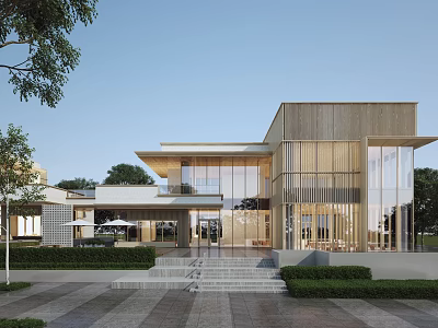 Modern Commercial Street Architecture Featuring Glass Windows Wooden Elements Steps And Greenery 3d model