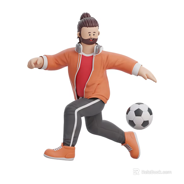 A Man Wearing Headphones Playing Soccer In Orange Jacket Red Shirt Gray Pants Orange Shoes 3d model 