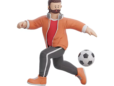 A Man Wearing Headphones Playing Soccer In Orange Jacket Red Shirt Gray Pants Orange Shoes 3d model