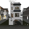Stylish Two Story Detached Villa With White Exterior Balcony Flowers Arched Entrance And Green Trees