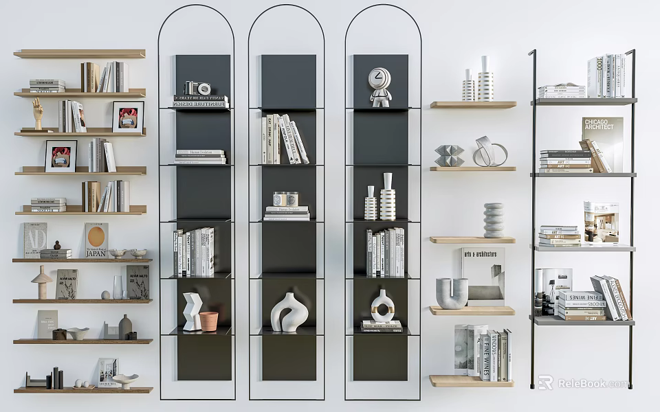 Modern Bookcases With Metal Frames Wooden Shelves Books Vases Sculptures And Camera 3d model 