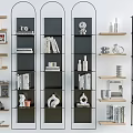 Modern Bookcases With Metal Frames Wooden Shelves Books Vases Sculptures And Camera