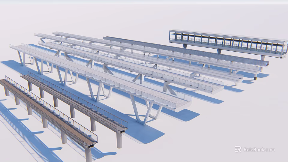 Modern Bridge Structures with Metal Frames Support Columns and Pedestrian Walkways 3d model 
