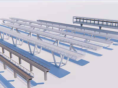 Modern Bridge Structures with Metal Frames Support Columns and Pedestrian Walkways 3d model