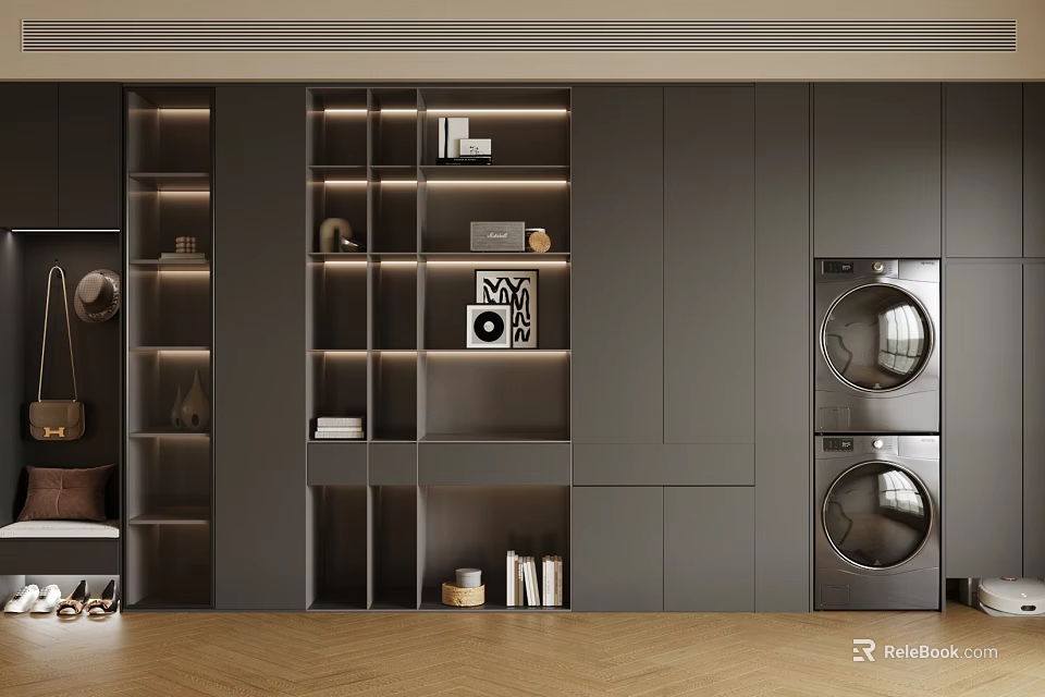 Modern Gray Decorative Cabinet With Open Shelves Decorative Items And Storage Space 3d model 