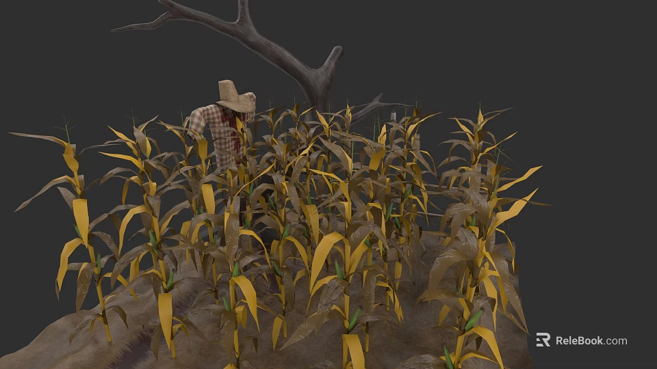 Mature Corn Plants Growing In Field With Scarecrow And Dry Branches 3d model 
