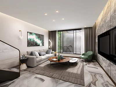 Modern Living Room Interior With Gray Sofa Green Armchair Coffee Table Rug And Decorative Painting 3d model