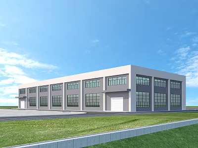 Modern Industrial Factory Building With White Exterior Large Glass Windows Green Lawn And Blue Sky 3d model