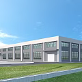 Modern Industrial Factory Building With White Exterior Large Glass Windows Green Lawn And Blue Sky