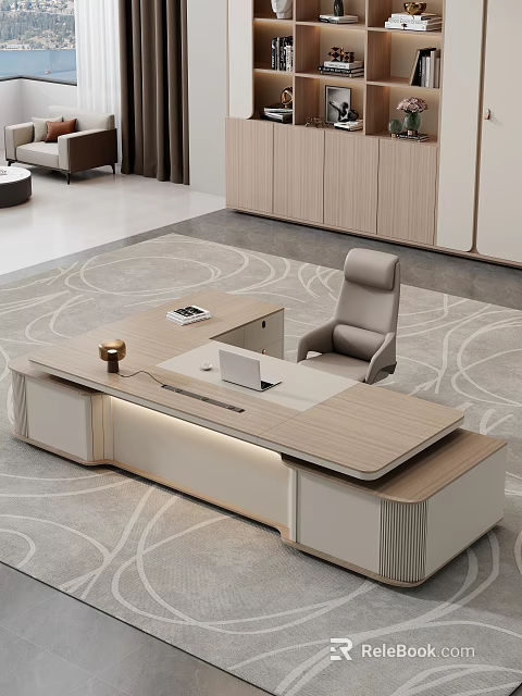 Modern Desk and Chair Set With Wooden Surface Leather Chair Laptop Gold Lamp and Books 3d model 