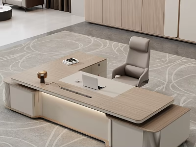 Modern Desk and Chair Set With Wooden Surface Leather Chair Laptop Gold Lamp and Books 3d model