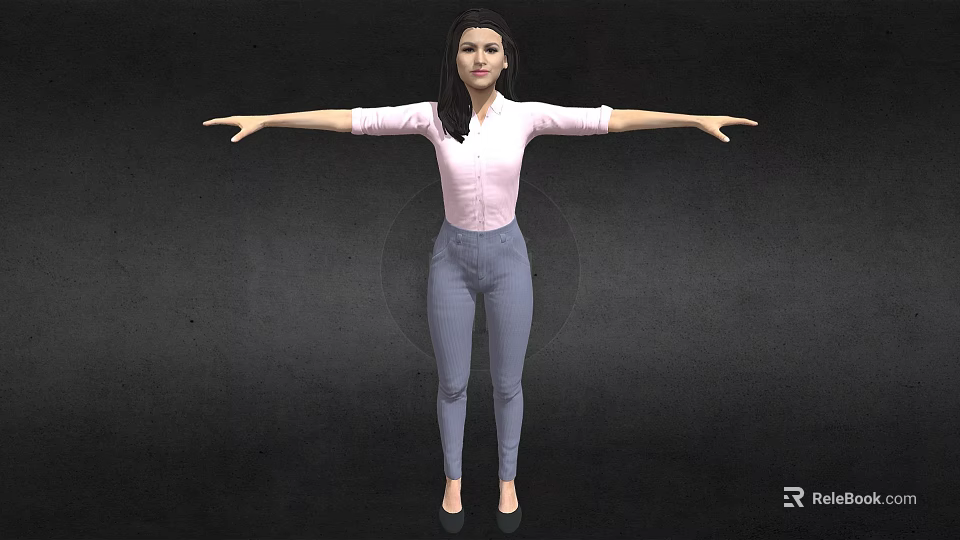 3D Female Character Wearing Pink Shirt and Blue Pants with Arms Outstretched on Black Background 3d model 