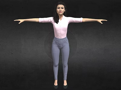 3D Female Character Wearing Pink Shirt and Blue Pants with Arms Outstretched on Black Background 3d model