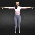 3D Female Character Wearing Pink Shirt and Blue Pants with Arms Outstretched on Black Background