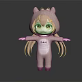 Cartoon Game Character 3D Model With Animal Onesie Cat Ears And Brown Hair