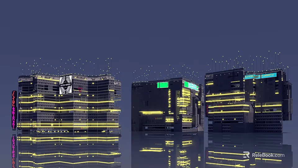 Future Architecture Design With Illuminated Glass Facades And Water Reflections 3d model 
