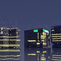 Future Architecture Design With Illuminated Glass Facades And Water Reflections