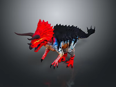 Vibrant Fantasy Dinosaur 3D Render With Red Horns Spiked Frill And Black Body Details 3d model