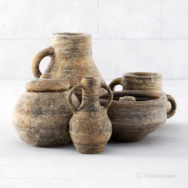 Traditional Handcrafted Rustic Ceramic Vessels With Earth Tone Textures And Various Shapes 3d model 