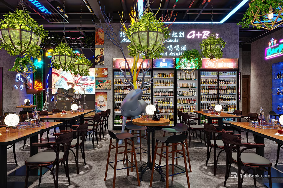 Modern Bar Interior Design With Green Plants Hanging Lights Neon Accents And Wine Racks 3d model 