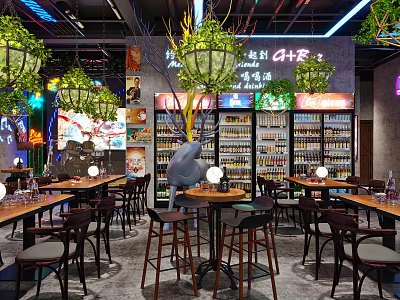 Modern Bar Interior Design With Green Plants Hanging Lights Neon Accents And Wine Racks 3d model