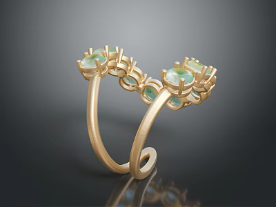 Elegant Golden Open Ring With Green Gemstones And Intricate Metallic Design 3d model