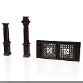 Architectural Decorative Elements With Dark Wooden Carved Columns And Ornate Window Grille