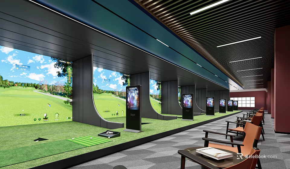 Indoor Golf Fitness Training Range with Hitting Bays Simulated Screens and Green Turf 3d model 