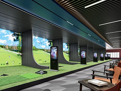 Indoor Golf Fitness Training Range with Hitting Bays Simulated Screens and Green Turf 3d model