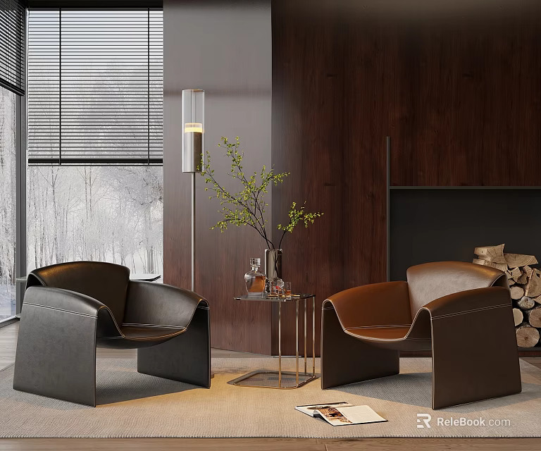 Modern Brown Leather Casual Sofa Set With Metal Coffee Table And Floor Lamp 3d model 