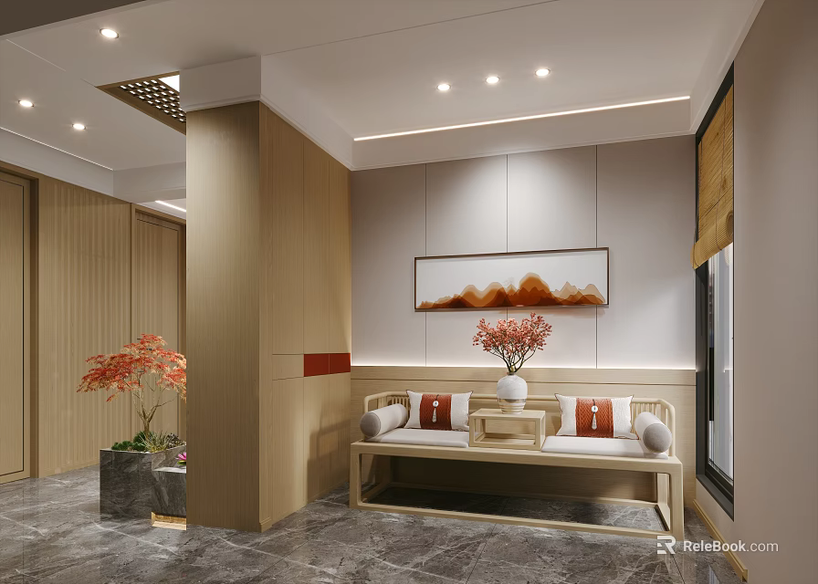 Modern Foyer Hallway Interior With Wooden Panel Bench Decorative Painting And Potted Plants 3d model 