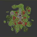 Block Built Fantasy Island Scene With Castles Red Roofed Buildings And Green Trees