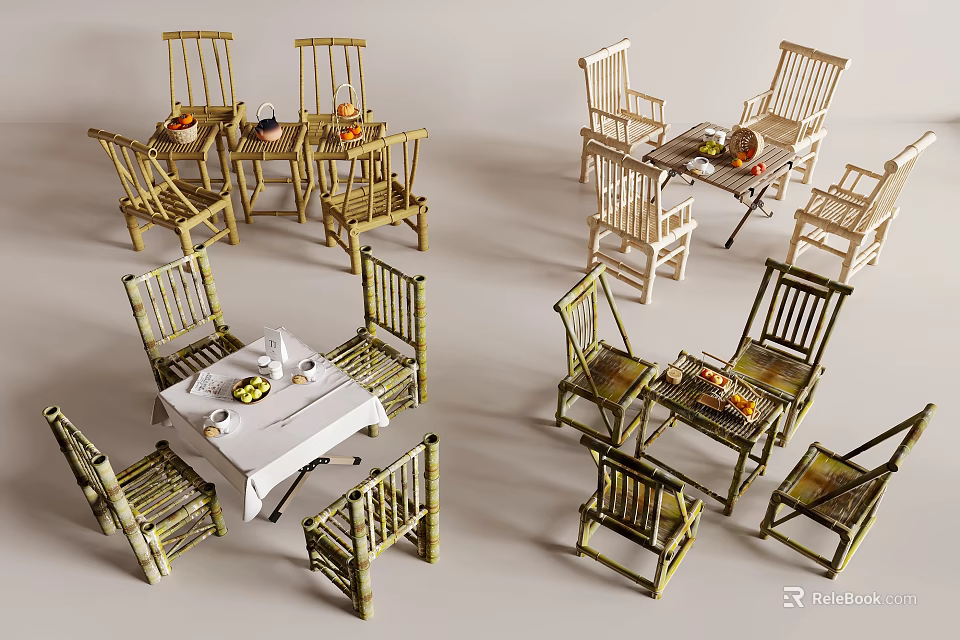 Natural Bamboo Dining Table Set With Chairs And Tabletop Items 3d model