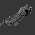 3D Rendered Sci-Fi Gun Featuring Silver Metallic Texture Complex Mechanical Structure And Yellow Triangle Symbol