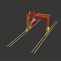Red Industrial Gantry Crane Structure On Yellow Tracks With Mobile Frame
