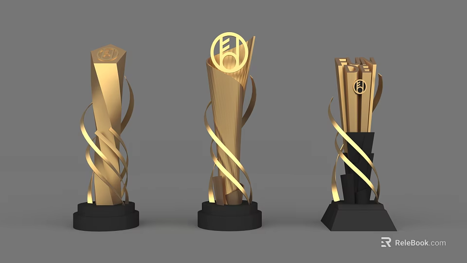 Three Golden Trophies With Black Bases And Twisted Decorative Designs 3d model 
