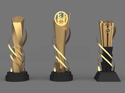 Three Golden Trophies With Black Bases And Twisted Decorative Designs 3d model