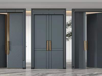 Modern Dark Gray Double Doors With Golden Handles In Marble Floor Interior 3d model