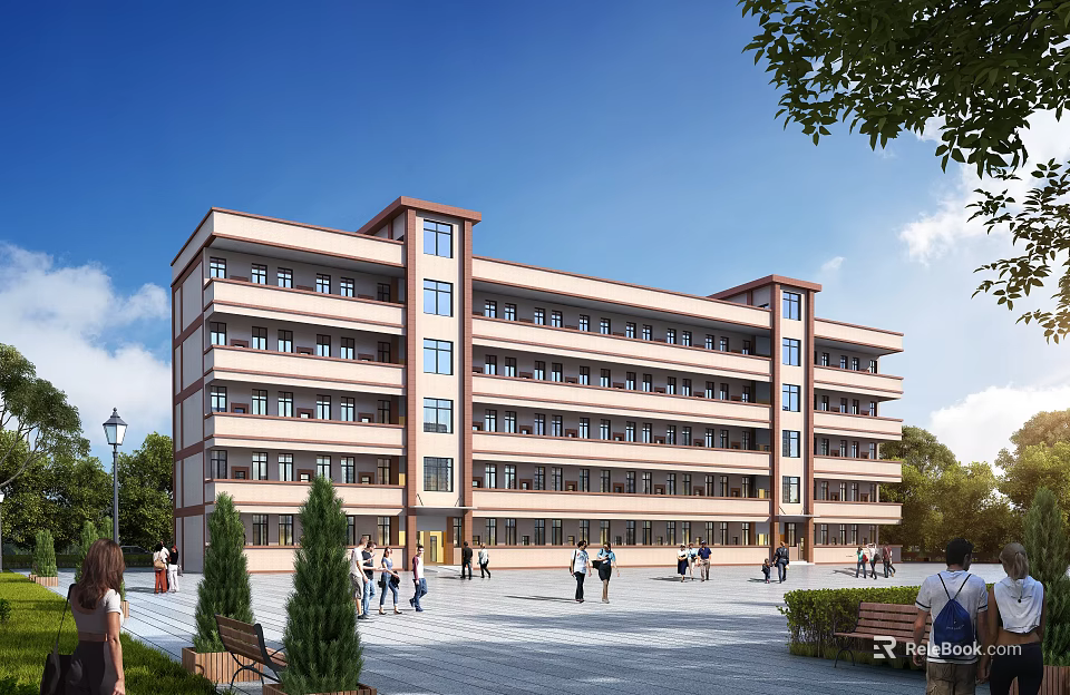 Multi story Industrial Factory Building With Modern Exterior Design And Surrounding Square Trees Pedestrians 3d model 