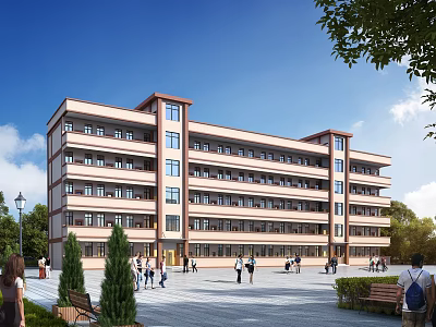 Multi story Industrial Factory Building With Modern Exterior Design And Surrounding Square Trees Pedestrians 3d model