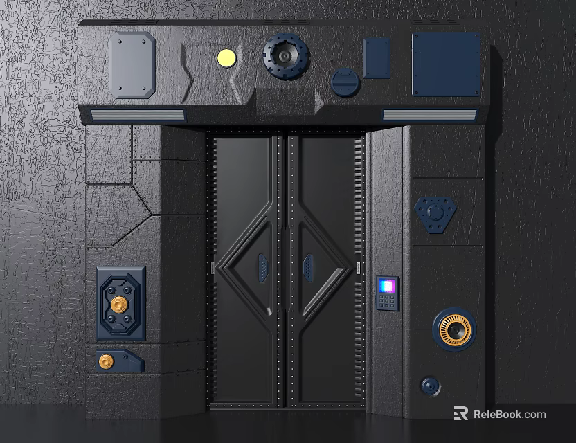Futuristic Metallic Door Structure With Control Panels And Indicator Lights 3d model 