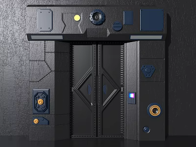 Futuristic Metallic Door Structure With Control Panels And Indicator Lights 3d model