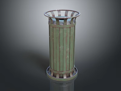 Vintage Green Striped Trash Can With Metal Rim And Base Structure 3d model