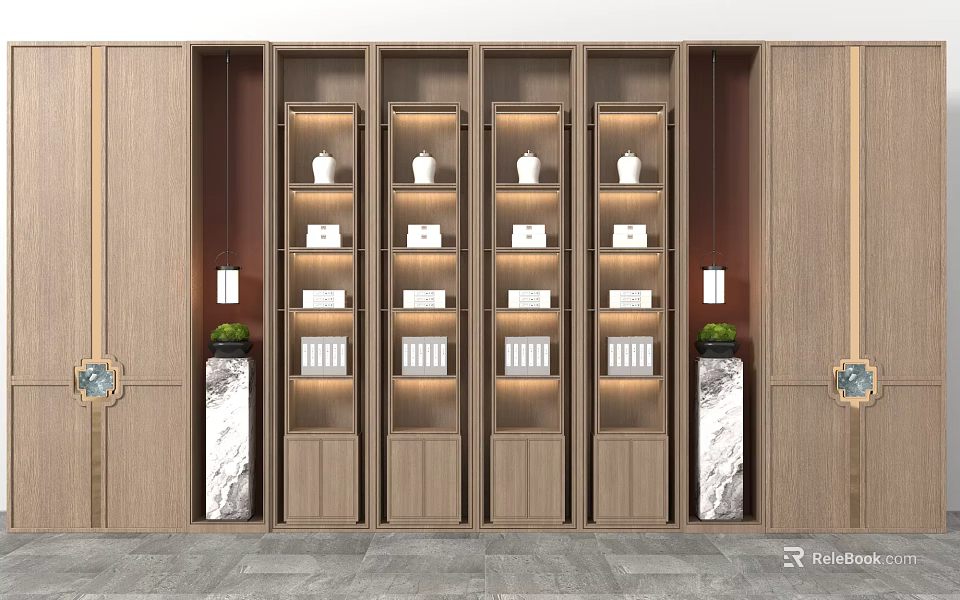 Modern Wooden Decorative Cabinet With Multi Layered Shelves Marble Panels And Potted Plants 3d model 