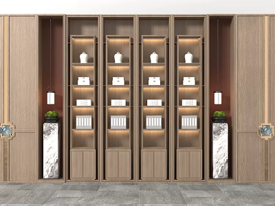 Modern Wooden Decorative Cabinet With Multi Layered Shelves Marble Panels And Potted Plants 3d model