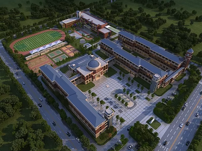 Spacious School Building Campus With Open Square Sports Field And Green Trees 3d model